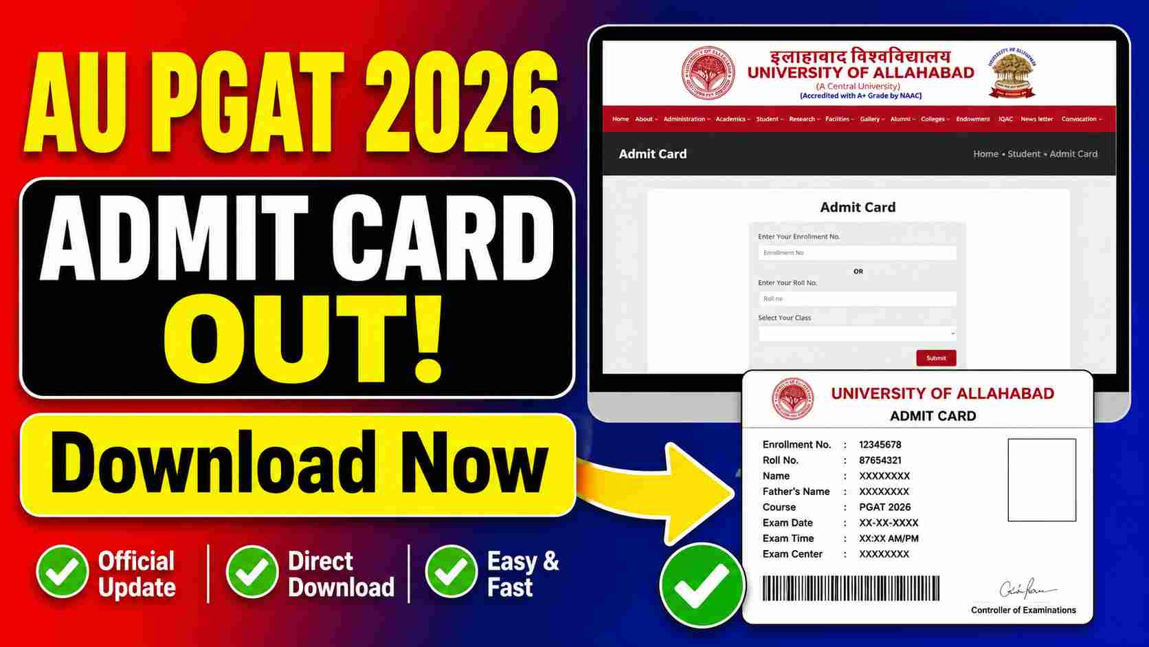 AU PGAT Admit Card 2026 Download Link Official Website Notification