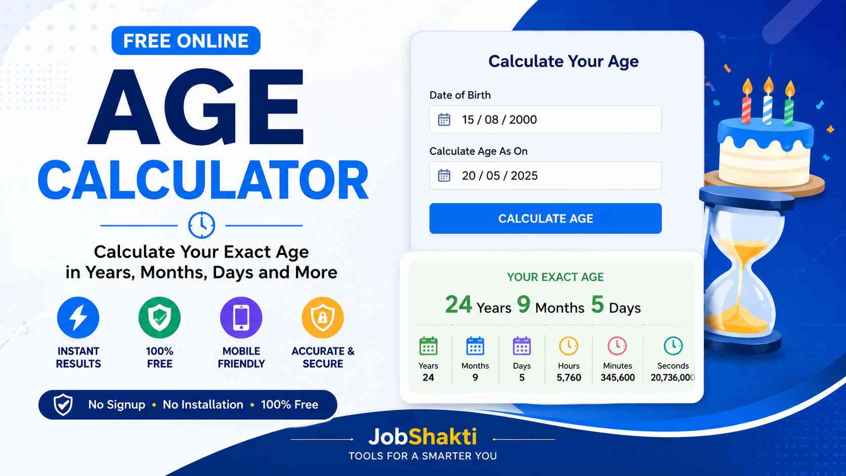 Free Age Calculator Online Tool to calculate exact age from date of birth in years, months, weeks, days, hours, minutes, and seconds.